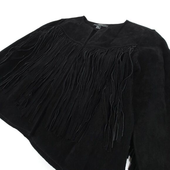 100% Leather Jacket Suede Cropped Western Boho Fringe Tassel Horse Girl Black - Picture 5 of 7